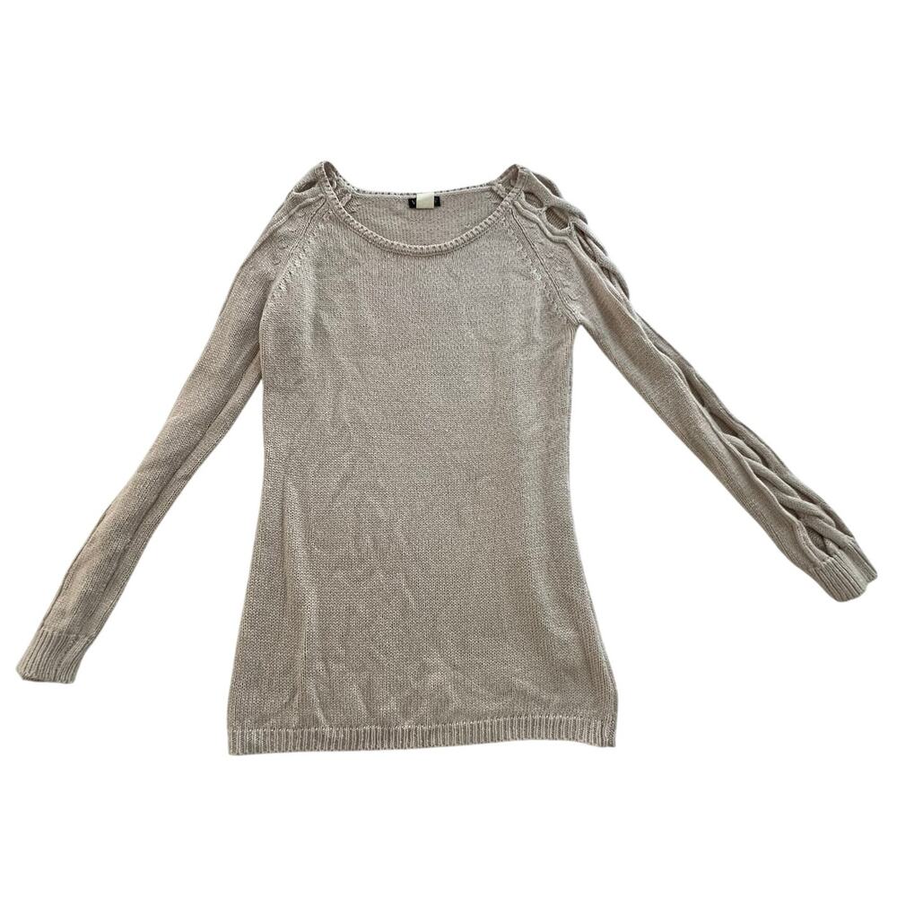 Venus Women's Beige Open Knit Knotted Sleeve Pullover Sweater Size Medium